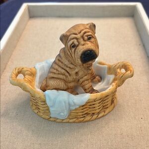 Vintage Princeton Gallery Shar Pei Puppy Dog & Wicker Laundry Basket “Wrinkles”